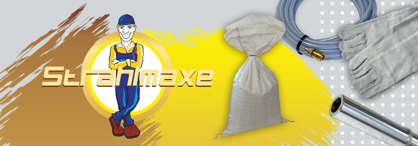 Strahlmaxe: Strahlmittel, Strahlschlauch, Schutzhandschuhe und Strahldüse